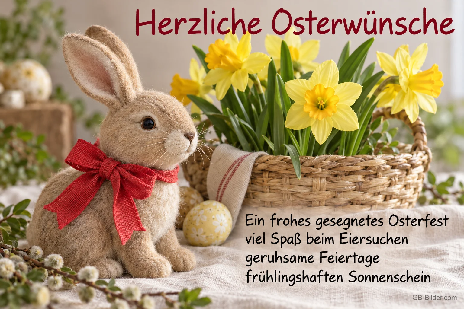 Stoffhase mit roter Schleife neben einem Korb mit Osterglocken, Text: Herzliche Osterwünsche – Ein frohes gesegnetes Osterfest, viel Spaß beim Eiersuchen, geruhsame Feiertage, frühlingshaften Sonnenschein Stoffhase mit roter Schleife neben einem Korb mit Osterglocken, Text: Herzliche Osterwünsche – Ein frohes gesegnetes Osterfest, viel Spaß beim Eiersuchen, geruhsame Feiertage, frühlingshaften Sonnenschein