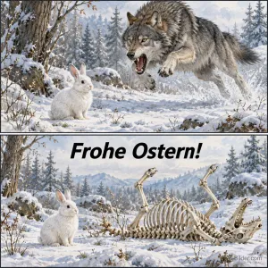 Wolf springt auf einen weißen Hasen, im zweiten Bild sitzt der Hase neben dem Wolfsskelett im Schnee, Text: Frohe Ostern!