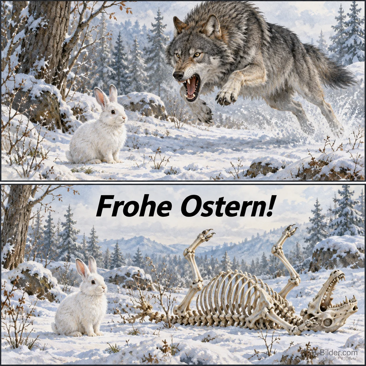 Wolf springt auf einen weißen Hasen, im zweiten Bild sitzt der Hase neben dem Wolfsskelett im Schnee, Text: Frohe Ostern!