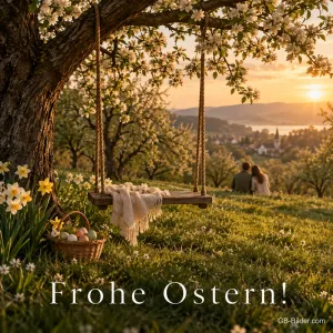 Holzschaukel unter einem blühenden Baum, daneben ein Eierkorb und ein Paar auf der Wiese, Text: Frohe Ostern!