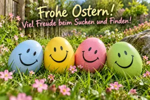 Vier bunte Ostereier mit Smiley-Gesichtern im Gras, Text: Frohe Ostern! Viel Freude beim Suchen und Finden!