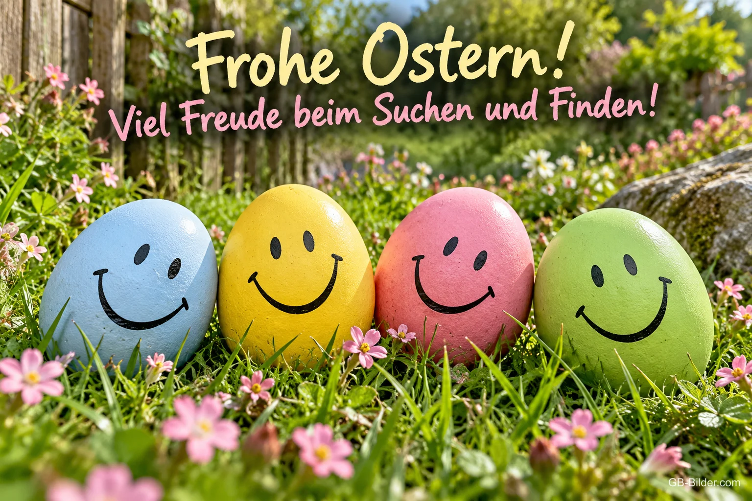 Vier bunte Ostereier mit Smiley-Gesichtern im Gras, Text: Frohe Ostern! Viel Freude beim Suchen und Finden! Vier bunte Ostereier mit Smiley-Gesichtern im Gras, Text: Frohe Ostern! Viel Freude beim Suchen und Finden!
