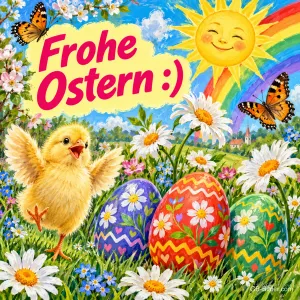 Küken jubelt zwischen bemalten Ostereiern unter Sonne und Regenbogen, Text: Frohe Ostern :)