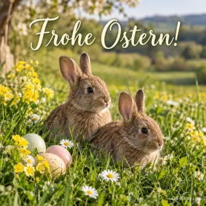 Zwei Hasen zwischen Ostereiern und Blumen auf einer Wiese, Text: Frohe Ostern!