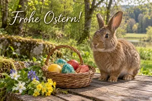 Hase neben einem Korb mit bunten Ostereiern im Wald, Text: Frohe Ostern!