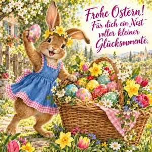 Häsin im blauen Kleid zeigt ein Osterei neben einem Korb voller bunter Eier, Text: Frohe Ostern! Für dich ein Nest voller kleiner Glücksmomente.