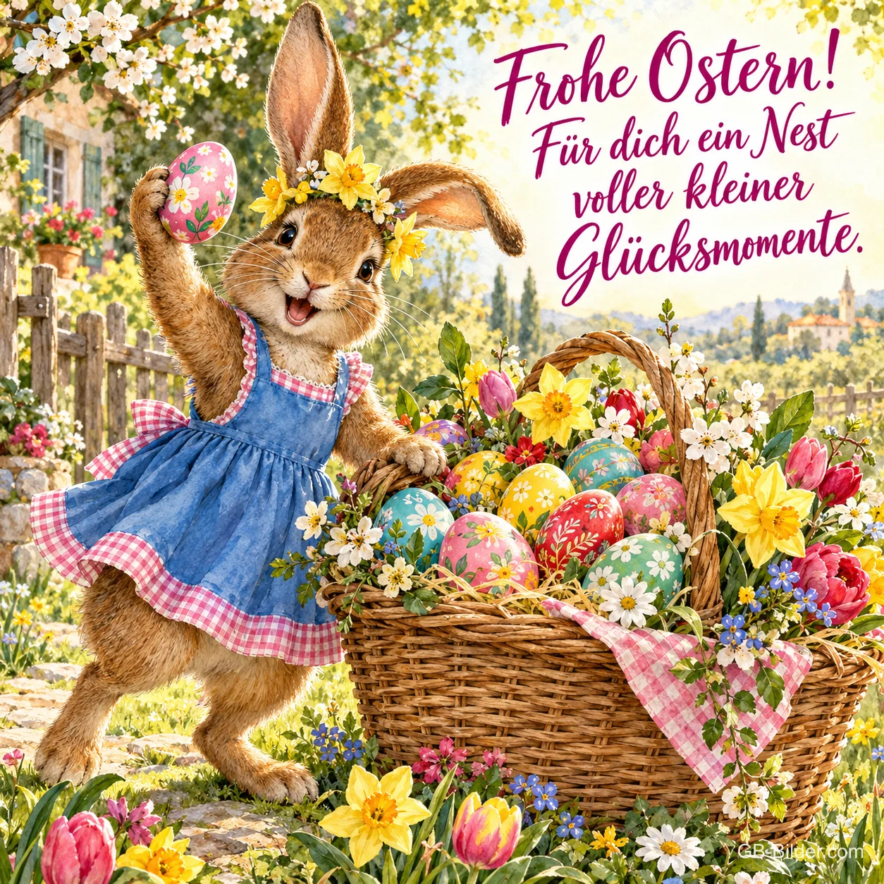 Häsin im blauen Kleid zeigt ein Osterei neben einem Korb voller bunter Eier, Text: Frohe Ostern! Für dich ein Nest voller kleiner Glücksmomente. Häsin im blauen Kleid zeigt ein Osterei neben einem Korb voller bunter Eier, Text: Frohe Ostern! Für dich ein Nest voller kleiner Glücksmomente.