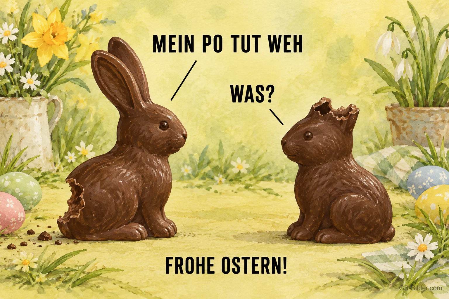 Zwei angeknabberte Schokoladenhasen mit Sprechblasen, Text: MEIN PO TUT WEH – WAS? – FROHE OSTERN!