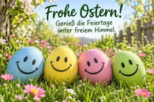 Vier bunte Ostereier mit Smiley-Gesichtern auf einer Blumenwiese, Text: Frohe Ostern! Genieß die Feiertage unter freiem Himmel.