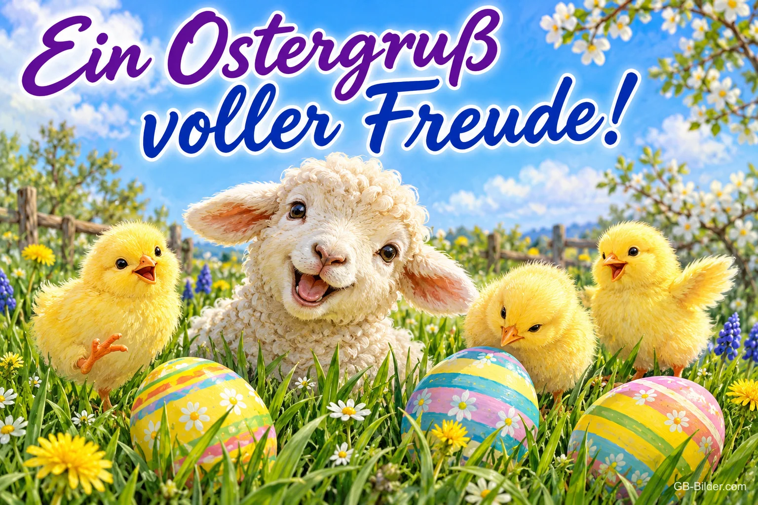Lachendes Lamm und fröhliche Küken zwischen bunten Ostereiern auf der Wiese, Text: Ein Ostergruß voller Freude! Lachendes Lamm und fröhliche Küken zwischen bunten Ostereiern auf der Wiese, Text: Ein Ostergruß voller Freude!