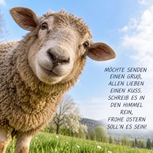 Schaf schaut neugierig in die Kamera auf einer Frühlingswiese, Text: MÖCHTE SENDEN EINEN GRUß, ALLEN LIEBEN EINEN KUSS. SCHREIB ES IN DEN HIMMEL REIN, FROHE OSTERN SOLL’N ES SEIN!