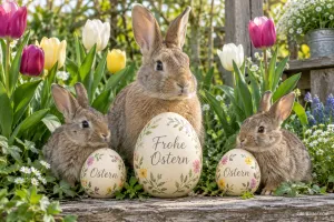 Drei Hasen mit bemalten Ostereiern zwischen Tulpen, Text: Frohe Ostern