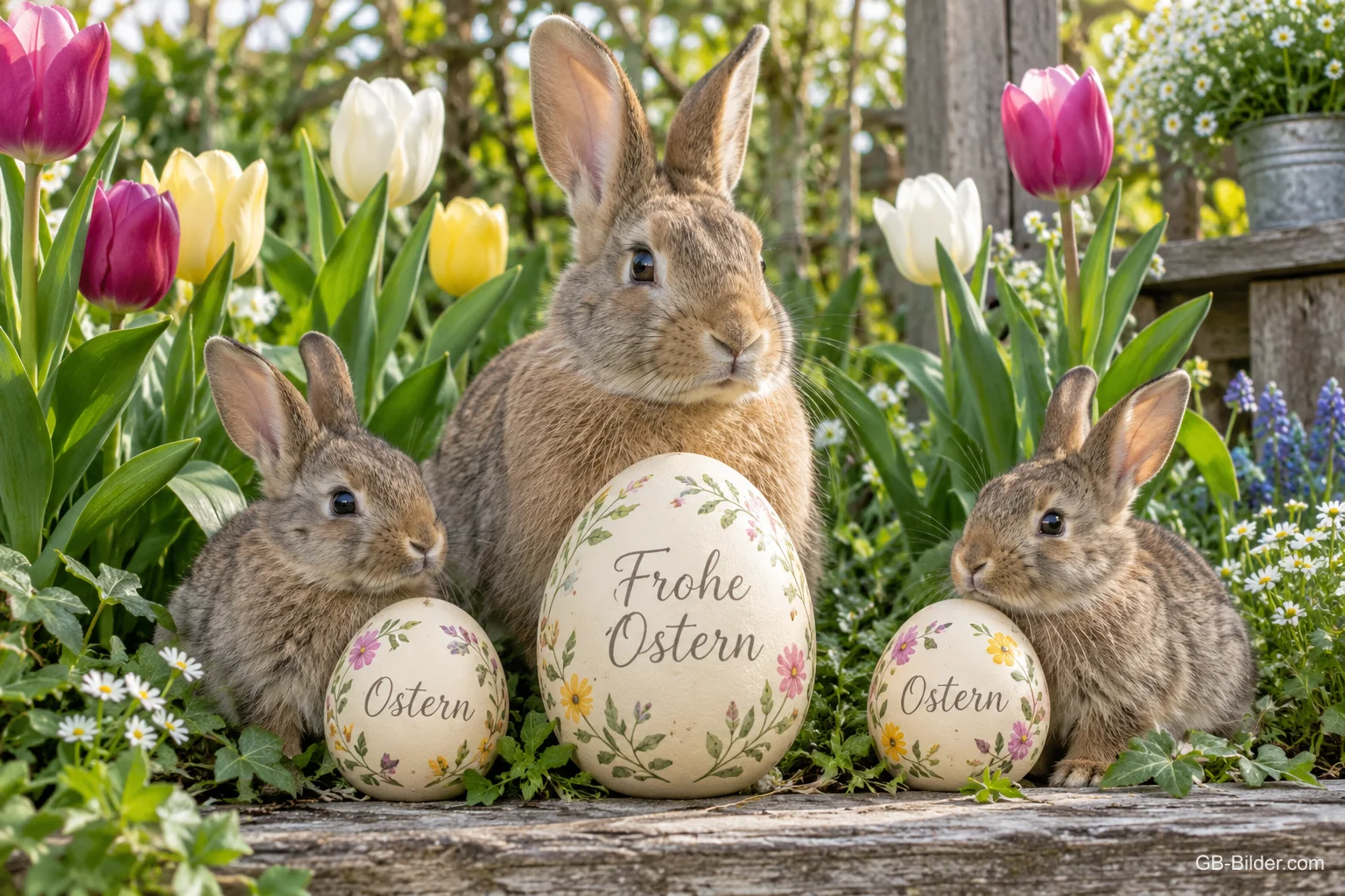 Drei Hasen mit bemalten Ostereiern zwischen Tulpen, Text: Frohe Ostern