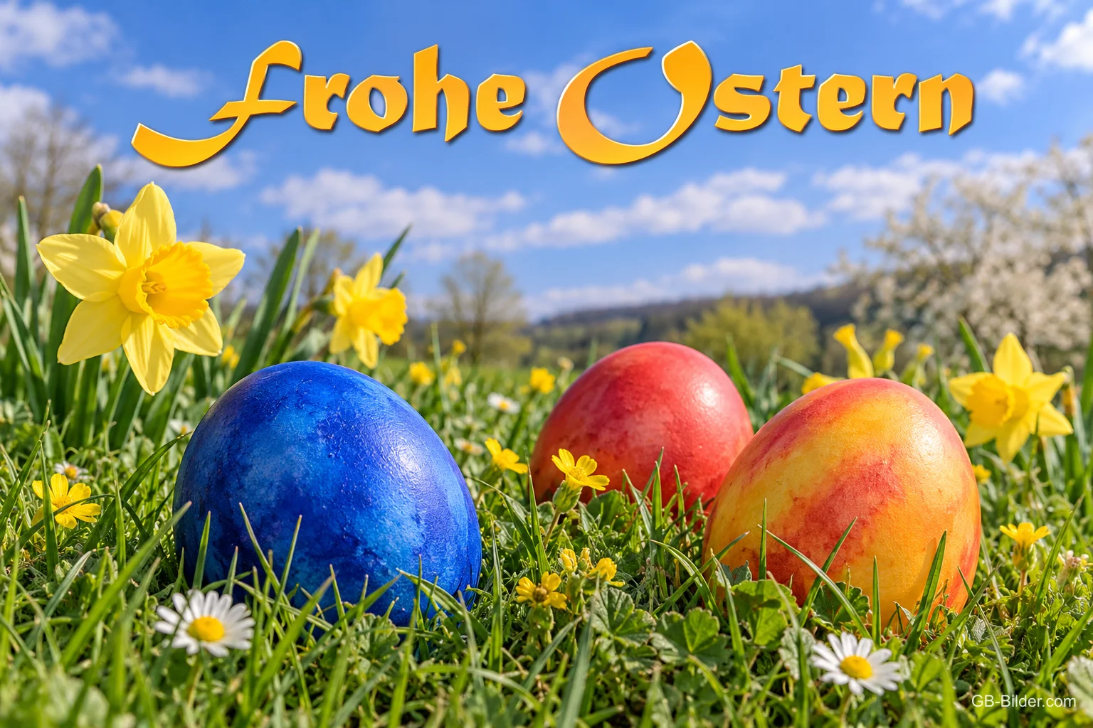Blaue, rote und orange Ostereier zwischen Osterglocken, Text: Frohe Ostern