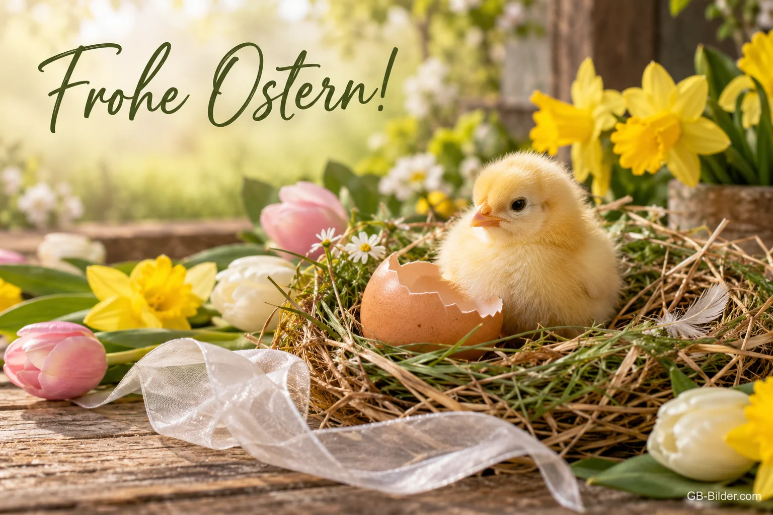 Küken sitzt neben einer Eierschale im Nest zwischen Tulpen, Text: Frohe Ostern!