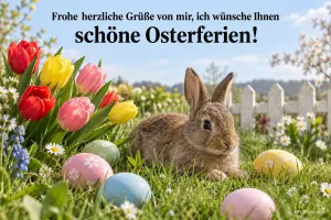 Hase liegt zwischen Tulpen und Ostereiern auf der Wiese, Text: Frohe herzliche Grüße von mir, ich wünsche Ihnen schöne Osterferien!