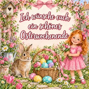 Mädchen im rosa Kleid mit Blumen, daneben ein Hase und ein Korb mit Ostereiern, Text: Ich wünsche euch ein schönes Osterwochenende