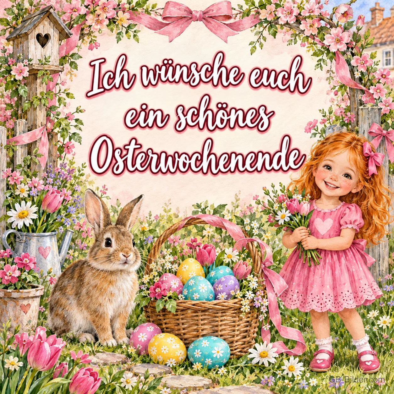 Mädchen im rosa Kleid mit Blumen, daneben ein Hase und ein Korb mit Ostereiern, Text: Ich wünsche euch ein schönes Osterwochenende Mädchen im rosa Kleid mit Blumen, daneben ein Hase und ein Korb mit Ostereiern, Text: Ich wünsche euch ein schönes Osterwochenende