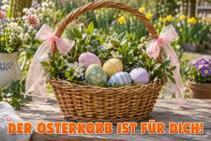 Korb mit Ostereiern und rosa Schleifen im Garten, Text: DER OSTERKORB IST FÜR DICH!
