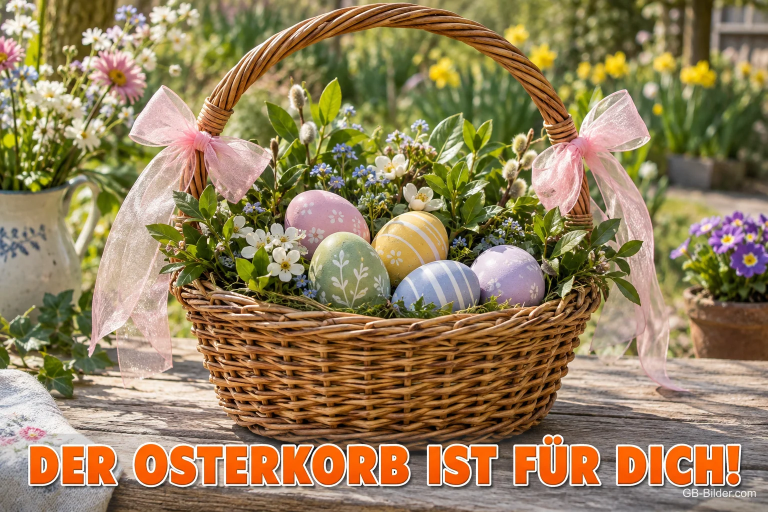 Korb mit Ostereiern und rosa Schleifen im Garten, Text: DER OSTERKORB IST FÜR DICH!