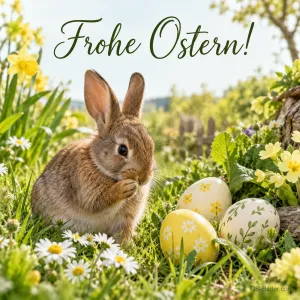 Hase sitzt zwischen gelben Ostereiern und Gänseblümchen, Text: Frohe Ostern!