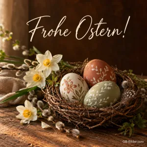 Nest mit bemalten Ostereiern neben weißen Narzissen, Text: Frohe Ostern!