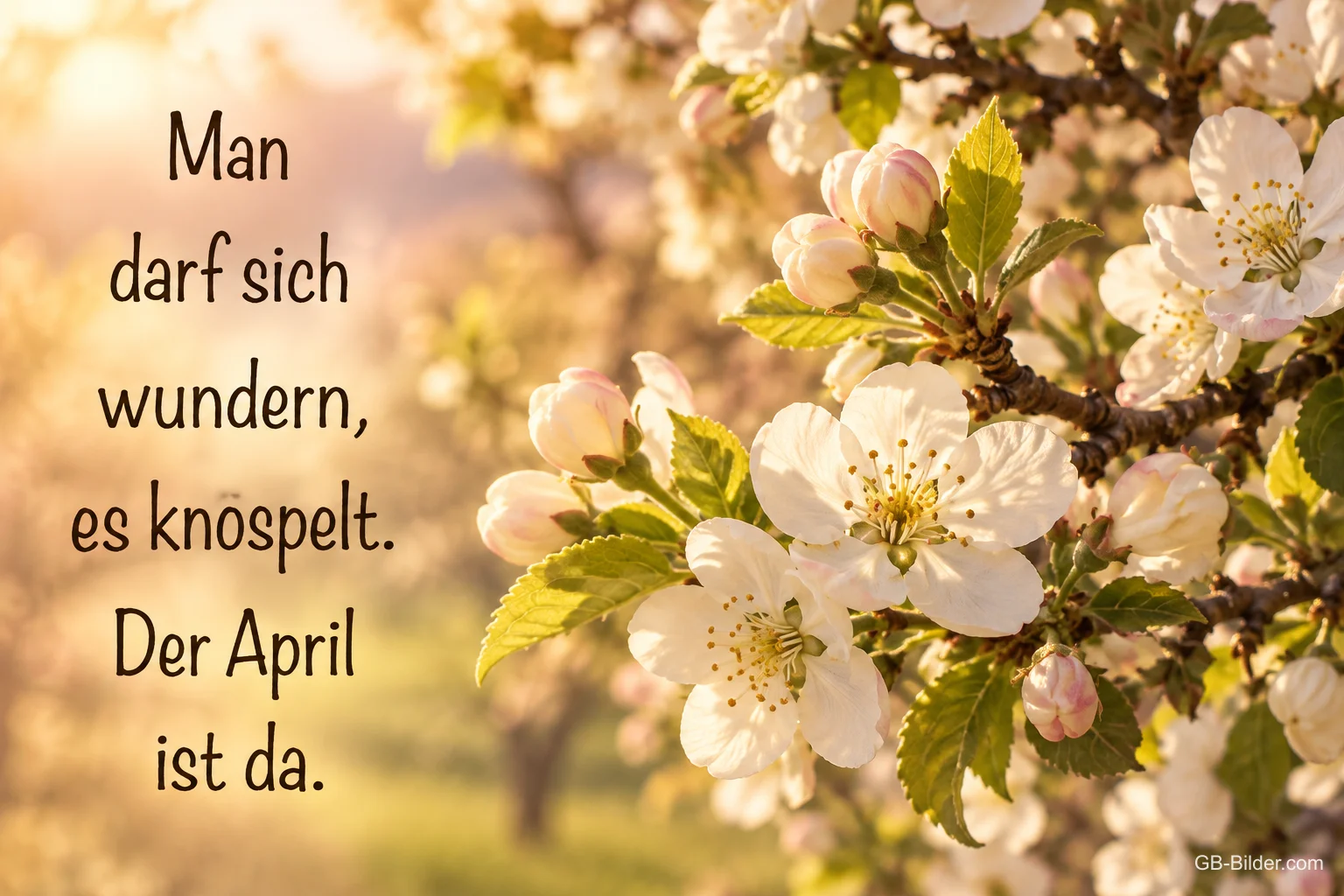 Weiße Kirschblüten im warmen Frühlingslicht, Text: Man darf sich wundern, es knöspelt. Der April ist da.