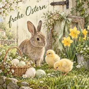 Hase und zwei Küken vor einem Gartentor mit Osterglocken, Text: Frohe Ostern