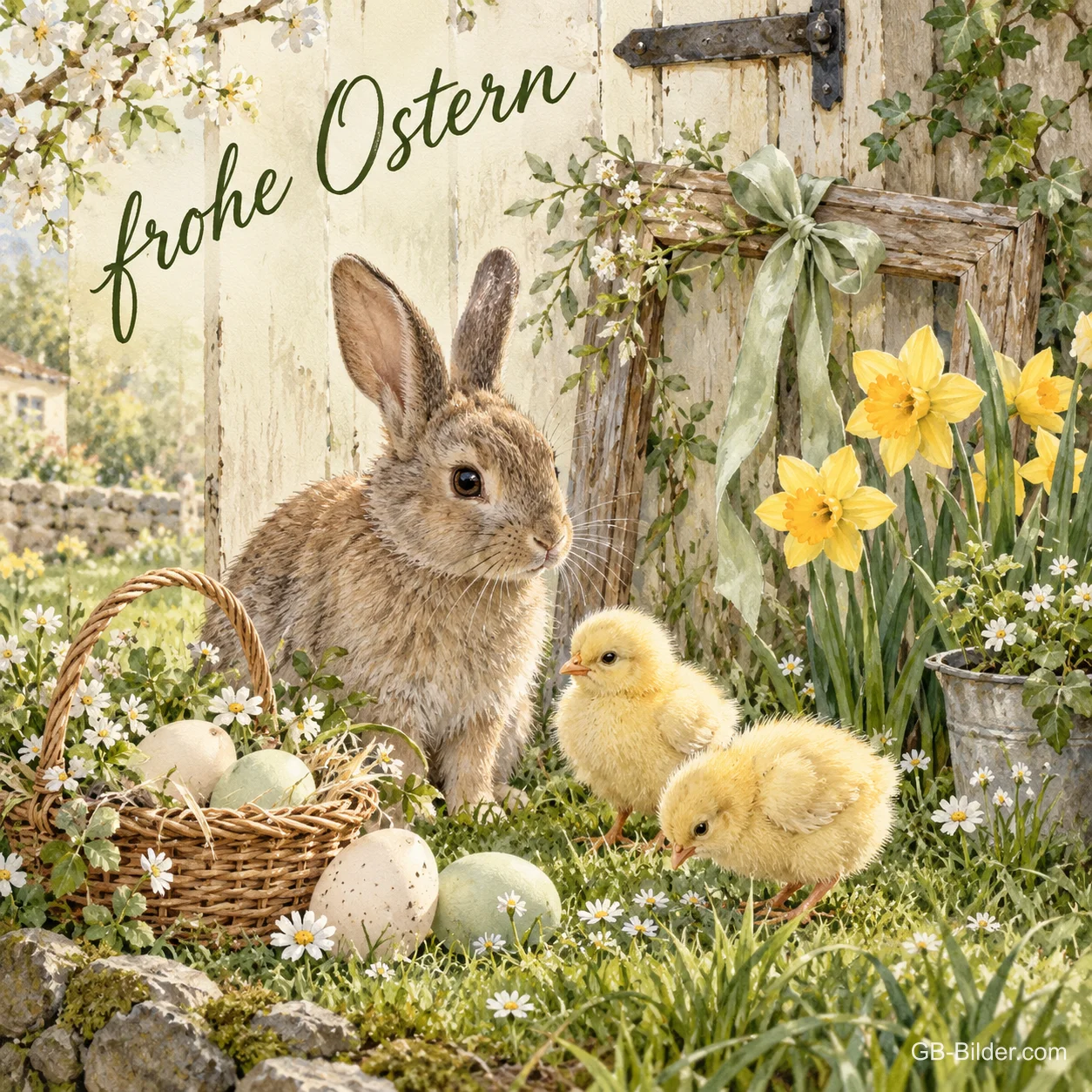 Hase und zwei Küken vor einem Gartentor mit Osterglocken, Text: Frohe Ostern Hase und zwei Küken vor einem Gartentor mit Osterglocken, Text: Frohe Ostern
