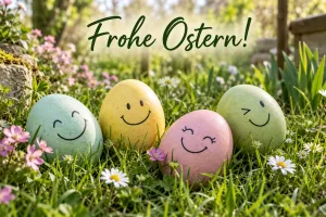 Vier pastellfarbene Ostereier mit Gesichtern im Gras, Text: Frohe Ostern!