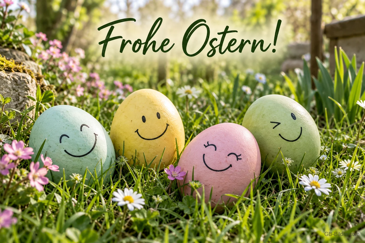 Vier pastellfarbene Ostereier mit Gesichtern im Gras, Text: Frohe Ostern! Vier pastellfarbene Ostereier mit Gesichtern im Gras, Text: Frohe Ostern!