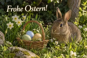 Hase neben einem Korb mit Ostereiern zwischen Narzissen, Text: Frohe Ostern!