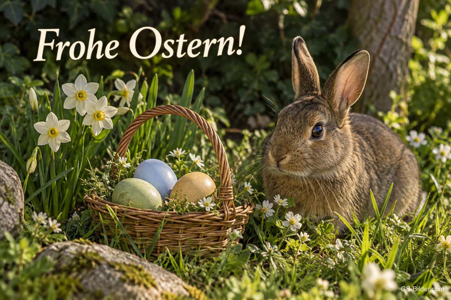 Hase neben einem Korb mit Ostereiern zwischen Narzissen, Text: Frohe Ostern! Hase neben einem Korb mit Ostereiern zwischen Narzissen, Text: Frohe Ostern!