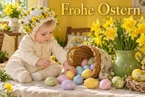 Baby mit Blütenhäubchen spielt mit Ostereiern aus einem Korb neben Osterglocken, Text: Frohe Ostern