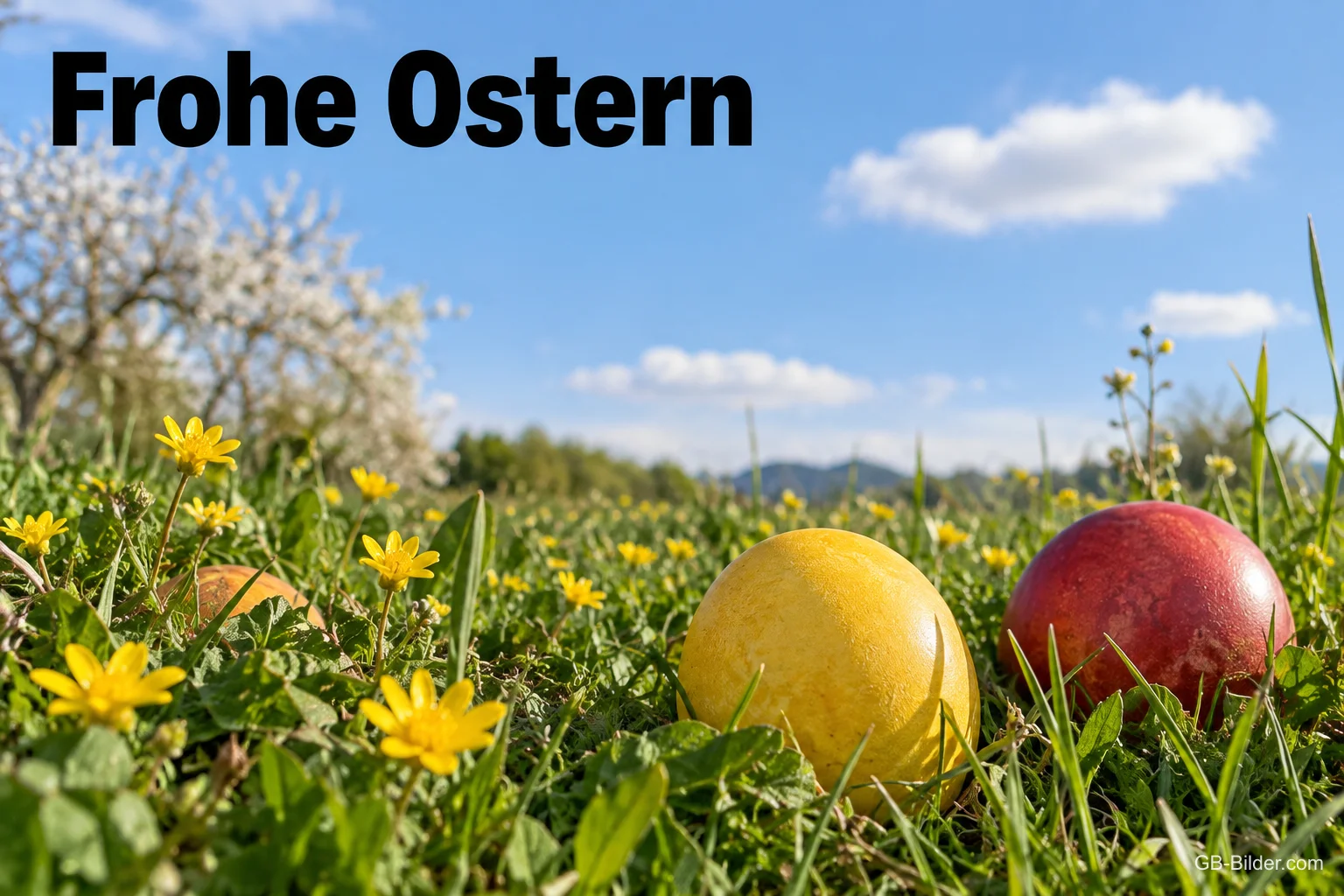Gelbes und rotes Osterei auf einer Frühlingswiese, Text: Frohe Ostern Gelbes und rotes Osterei auf einer Frühlingswiese, Text: Frohe Ostern