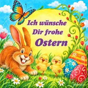 Lachender Hase und zwei Küken neben bunten Ostereiern unter einem Schmetterling, Text: Ich wünsche Dir frohe Ostern