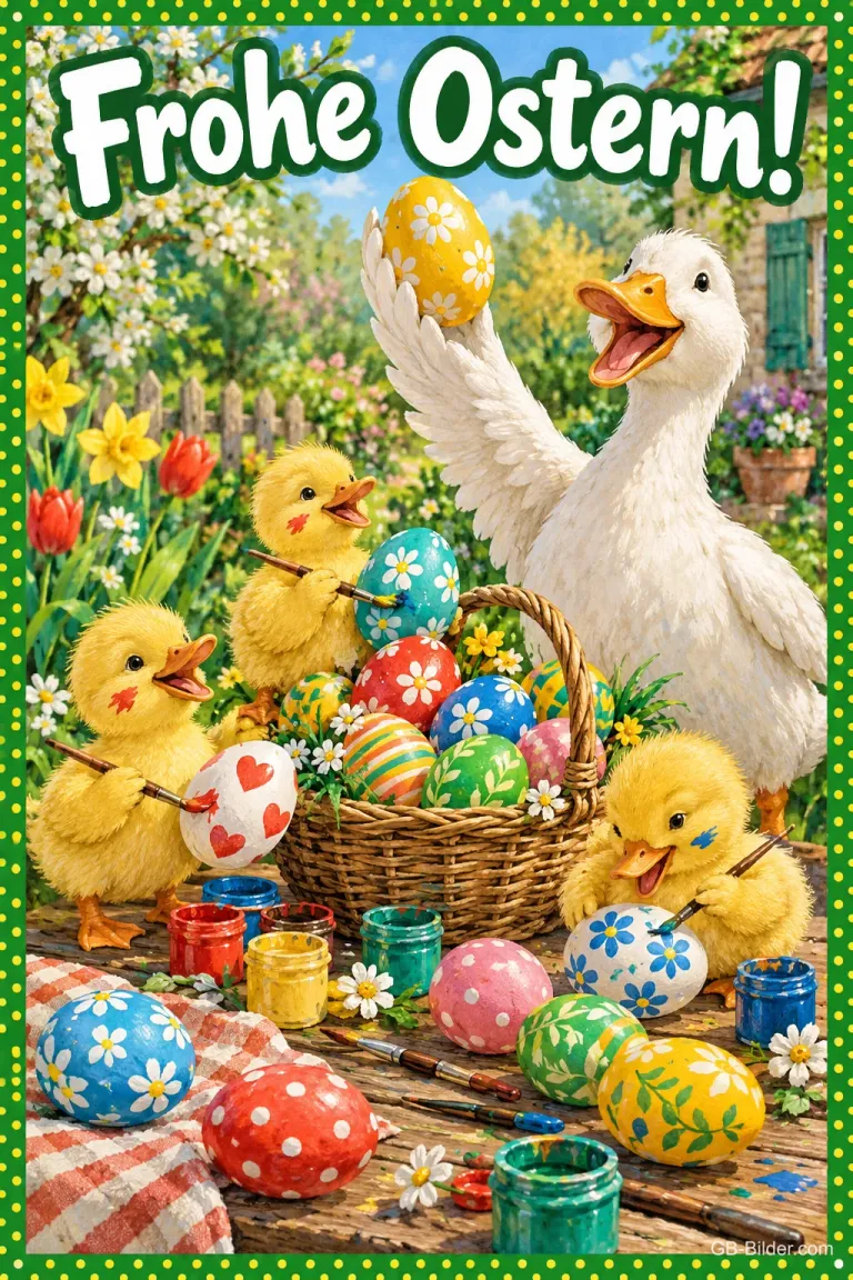 Weiße Gans hält ein Osterei hoch, Küken bemalen Ostereier mit Pinseln, Text: Frohe Ostern!