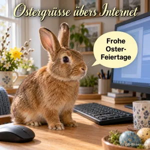 Hase sitzt am Schreibtisch vor einem Computer, Text: Ostergrüße übers Internet – Frohe Oster-Feiertage