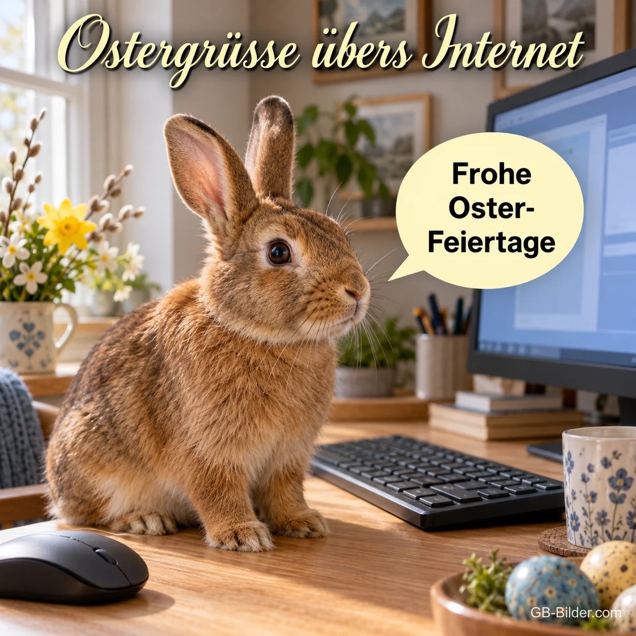Hase sitzt am Schreibtisch vor einem Computer, Text: Ostergrüße übers Internet – Frohe Oster-Feiertage