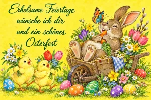 Hase liegt mit Möhre in einer Schubkarre voller Blumen, zwei Küken bringen Sträuße, Text: Erholsame Feiertage wünsche ich dir und ein schönes Osterfest