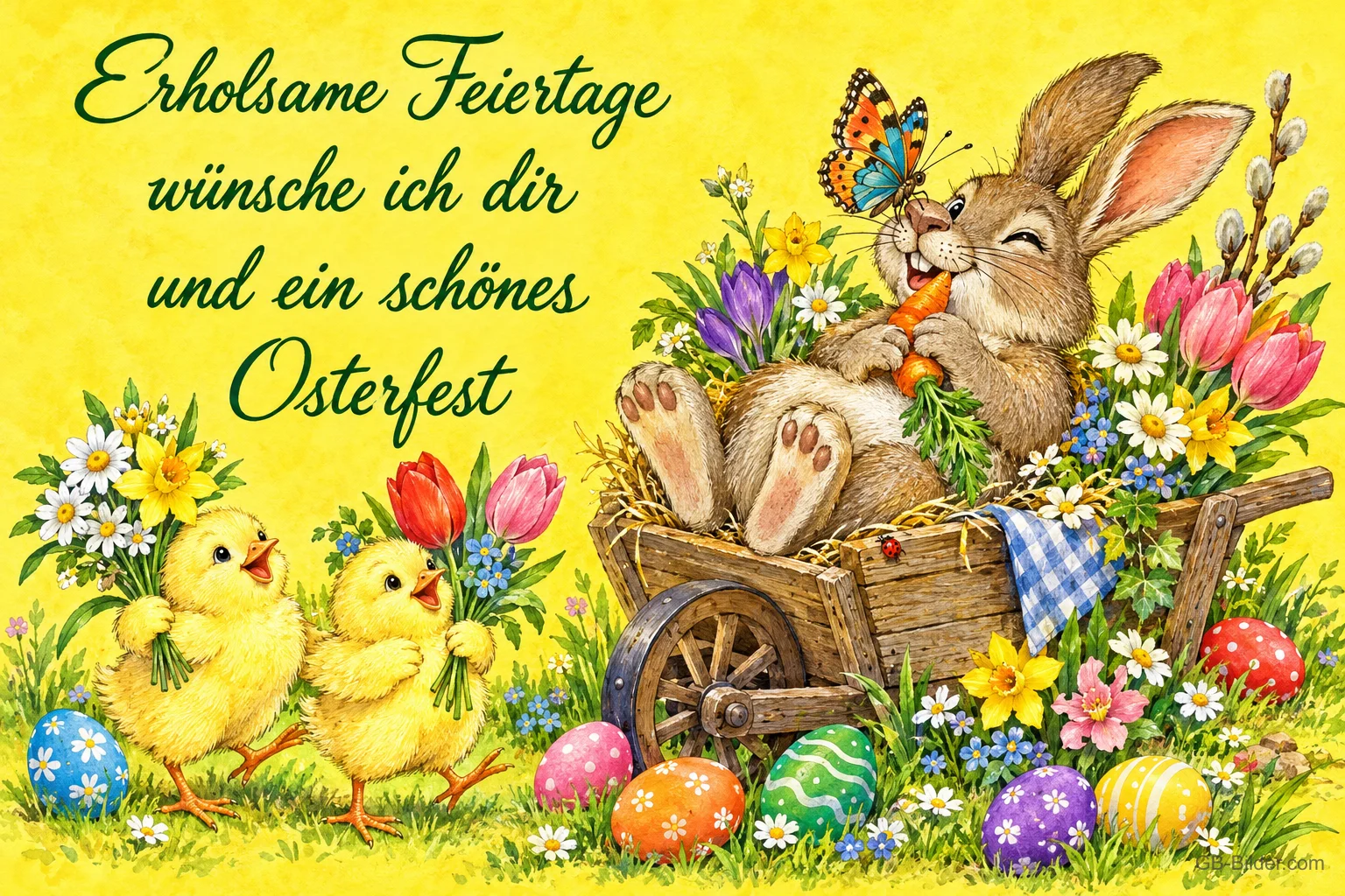Hase liegt mit Möhre in einer Schubkarre voller Blumen, zwei Küken bringen Sträuße, Text: Erholsame Feiertage wünsche ich dir und ein schönes Osterfest