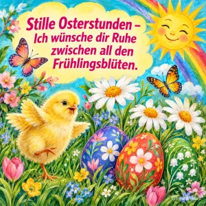 Küken zwischen bemalten Ostereiern, Margeriten, Schmetterlingen und lachender Sonne, Text: Stille Osterstunden – Ich wünsche dir Ruhe zwischen all den Frühlingsblüten.