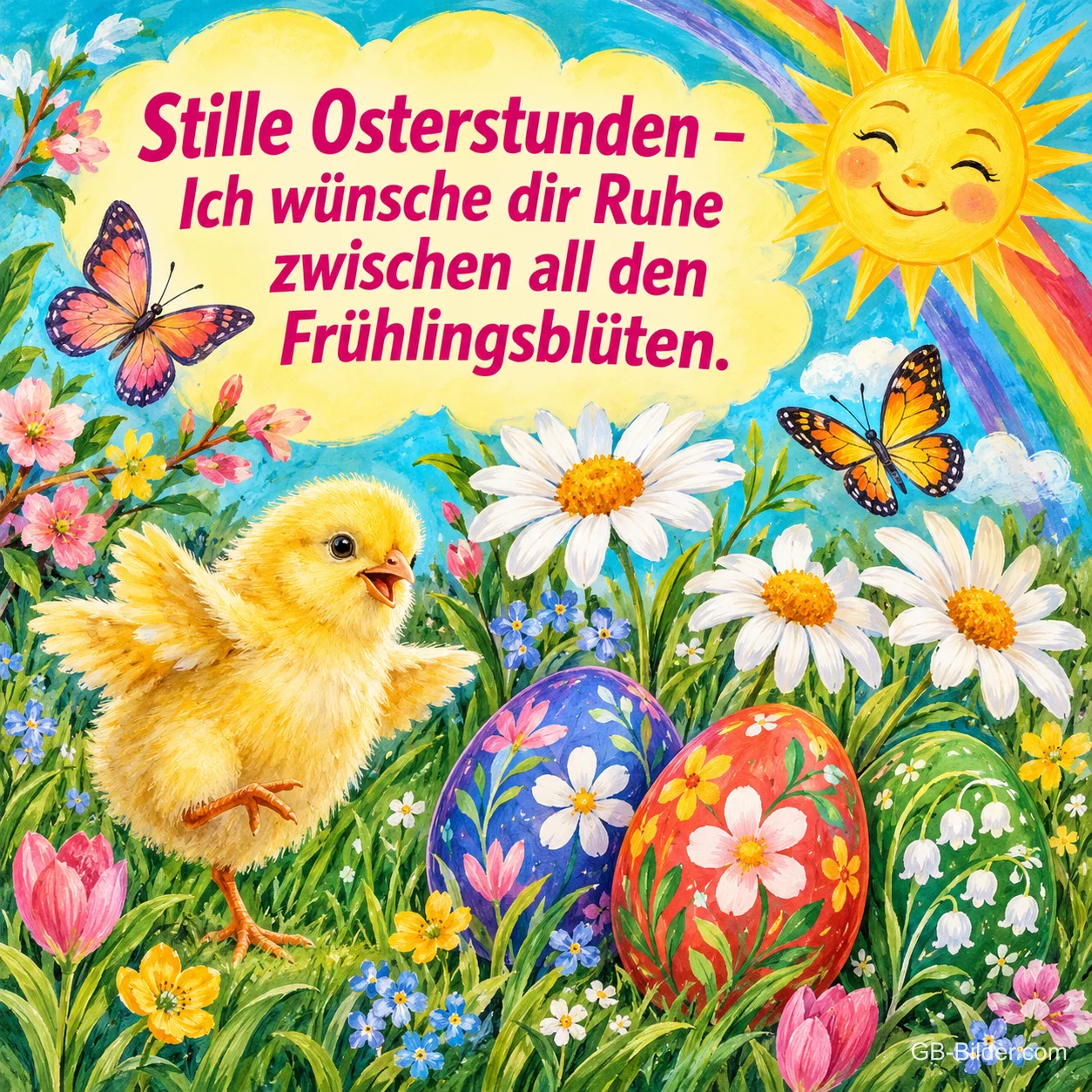 Küken zwischen bemalten Ostereiern, Margeriten, Schmetterlingen und lachender Sonne, Text: Stille Osterstunden – Ich wünsche dir Ruhe zwischen all den Frühlingsblüten. Küken zwischen bemalten Ostereiern, Margeriten, Schmetterlingen und lachender Sonne, Text: Stille Osterstunden – Ich wünsche dir Ruhe zwischen all den Frühlingsblüten.