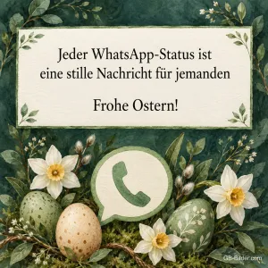 Ostereier und Narzissen um ein grünes Sprechblasen-Symbol, Text: Jeder WhatsApp-Status ist eine stille Nachricht für jemanden – Frohe Ostern!