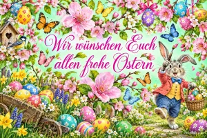 Hase in Weste mit Korb spaziert durch Blüten, Schmetterlinge und Ostereier, Text: Wir wünschen Euch allen frohe Ostern