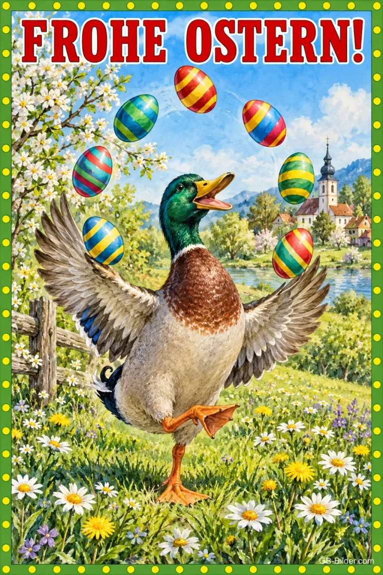Stockente jongliert bunt gestreifte Ostereier auf einer Frühlingswiese mit Dorfkirche, Text: FROHE OSTERN!