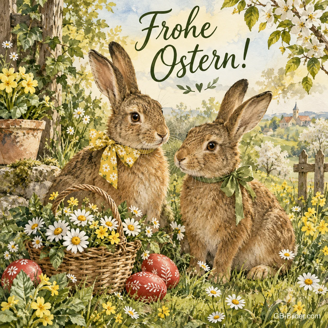 Zwei Hasen mit Schleifen neben einem Blumenkorb und Ostereiern, Text: Frohe Ostern! Zwei Hasen mit Schleifen neben einem Blumenkorb und Ostereiern, Text: Frohe Ostern!