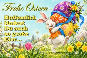 Hase trägt drei große bunte Ostereier durch eine Frühlingswiese, Text: Frohe Ostern – Hoffentlich findest Du auch so große Eier…
