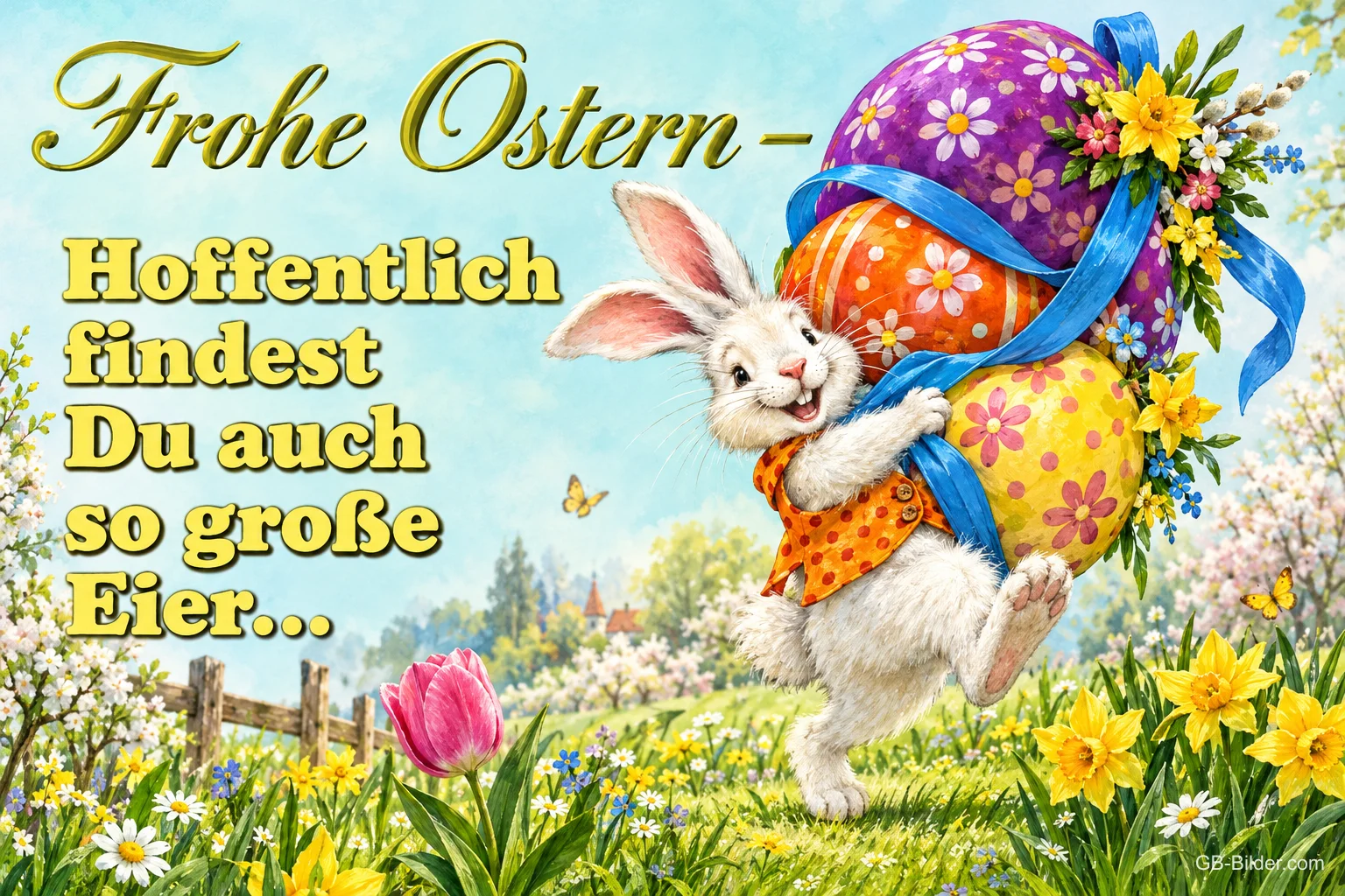 Hase trägt drei große bunte Ostereier durch eine Frühlingswiese, Text: Frohe Ostern – Hoffentlich findest Du auch so große Eier… Hase trägt drei große bunte Ostereier durch eine Frühlingswiese, Text: Frohe Ostern – Hoffentlich findest Du auch so große Eier…