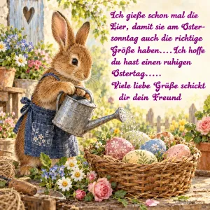 Hase gießt Ostereier, lustiger Spruch, Text: Ich gieße schon mal die Eier, damit sie am Ostersonntag auch die richt